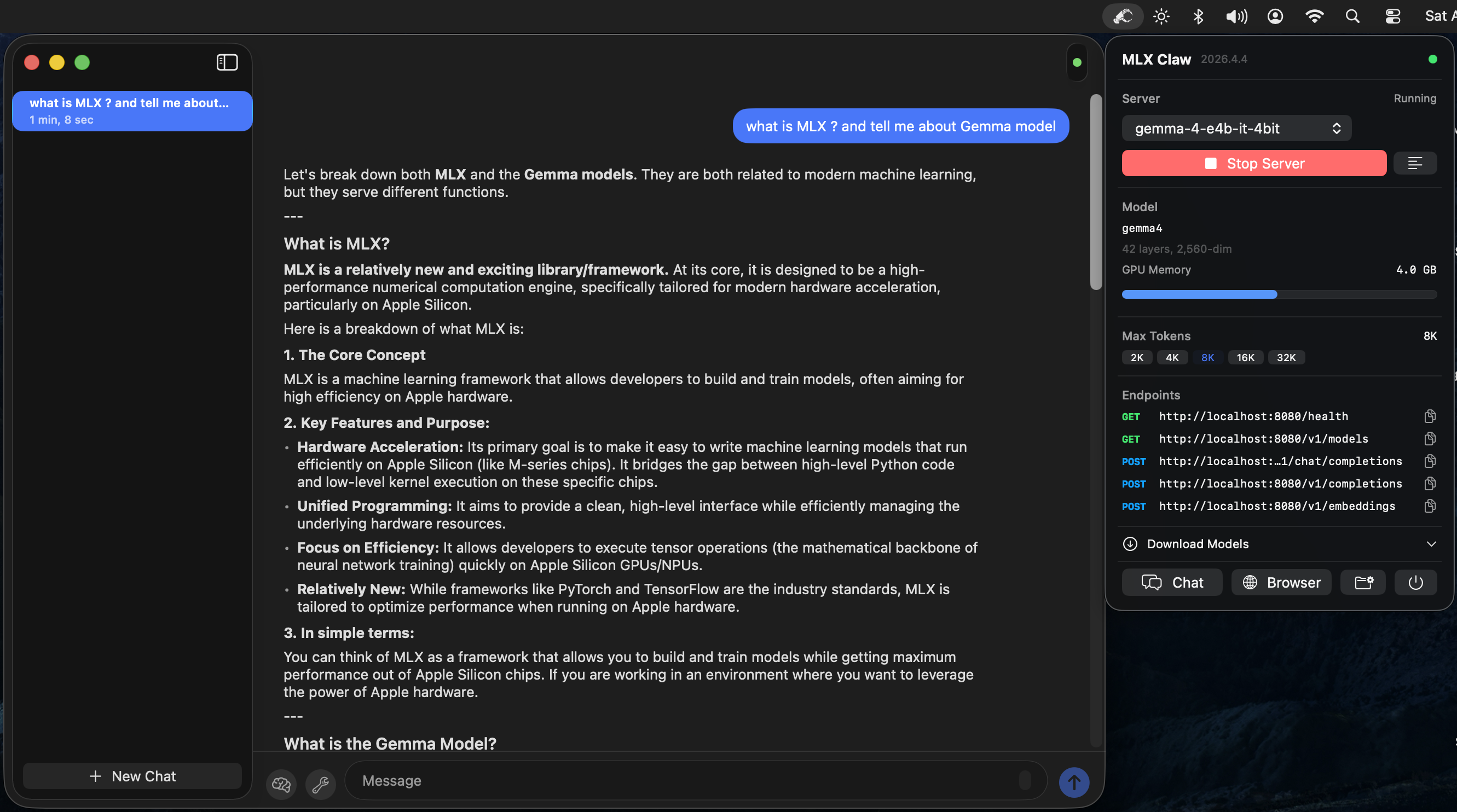 MLX Claw app — chat interface with model browser and server controls