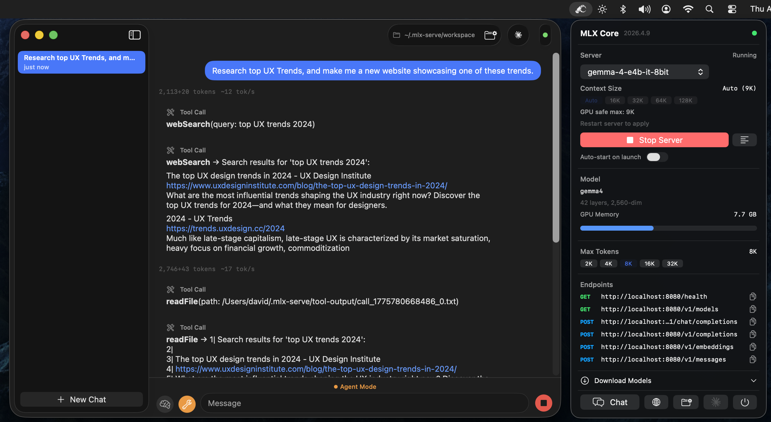 MLX Core app — chat interface with model browser and server controls